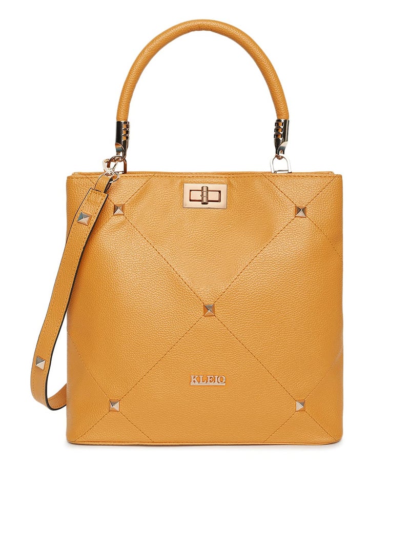 KLEIO Gold Studded Top Handle Handbag for Women - Mustard - Image 5